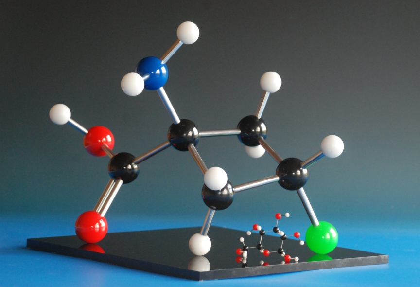 Large molecular model of a drug made with 40mm phenolic balls and aluminium rods on an acrylic base