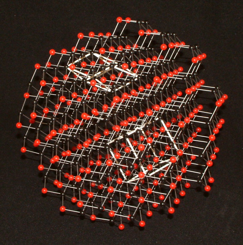 crystal structure model of sphalerite structure with alternative unit cells highlighted